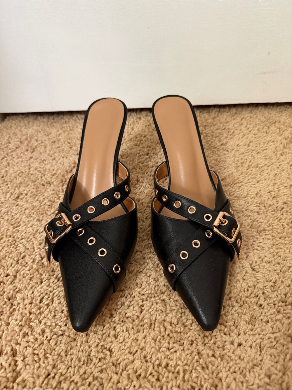 Black Pointed Toe Slip-On Mules with Gold Buckle Detail